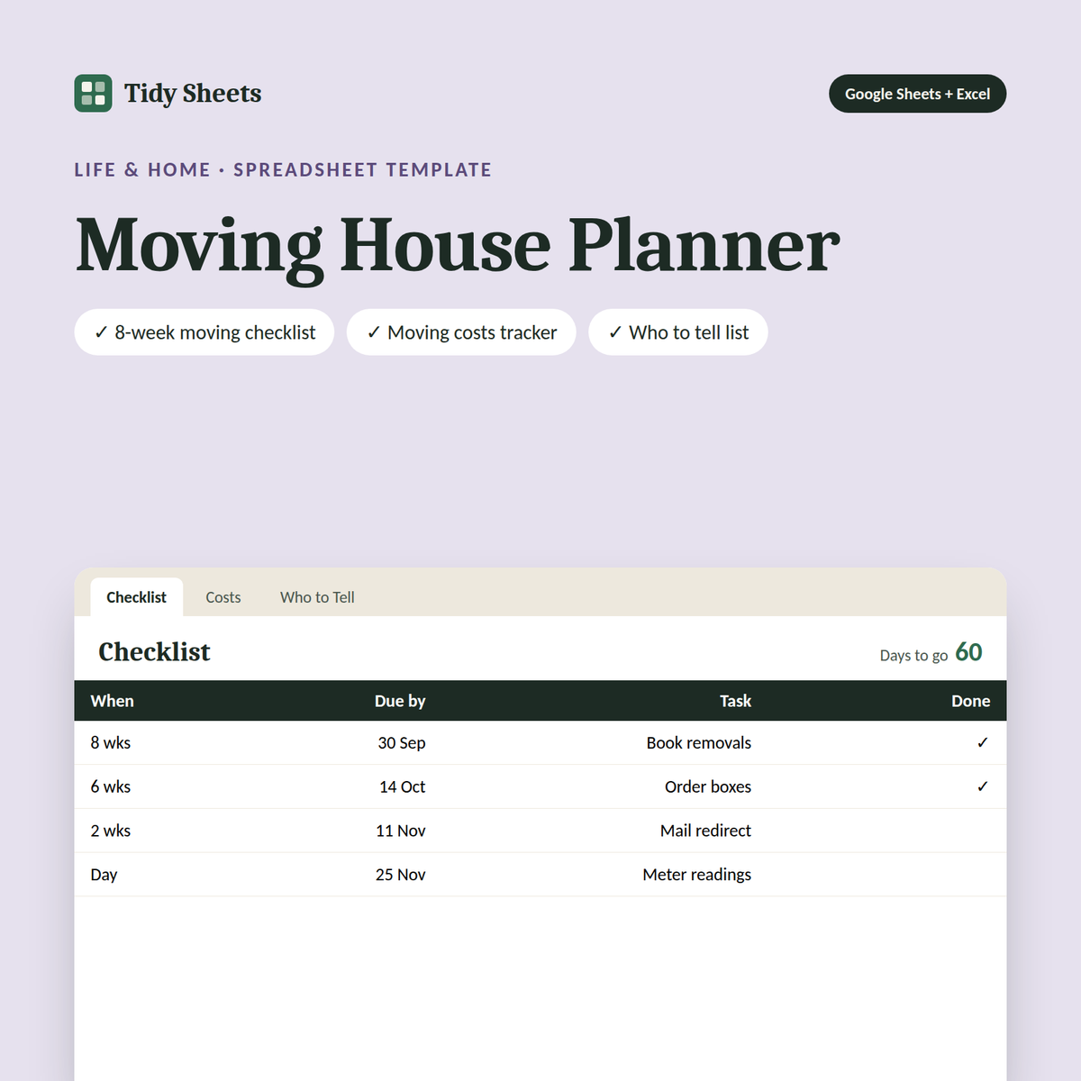 Moving House Planner spreadsheet