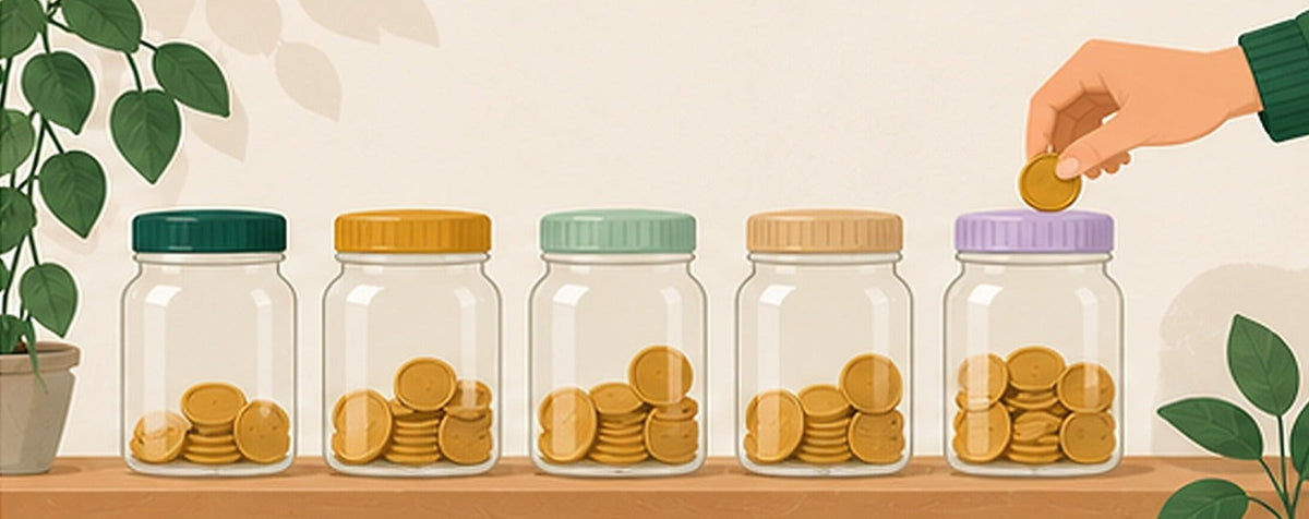 Row of jars with coins, each coin given a job, illustrating a zero-based budget