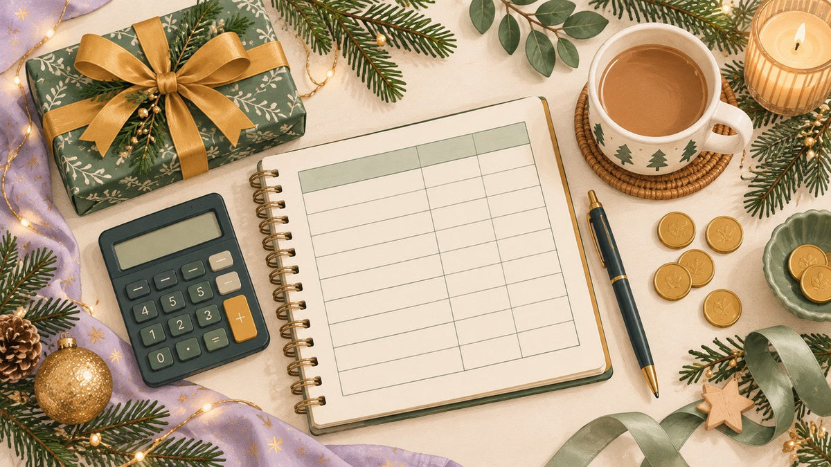 Christmas budget notebook with a calculator, wrapped presents, gold coins and a cup of tea