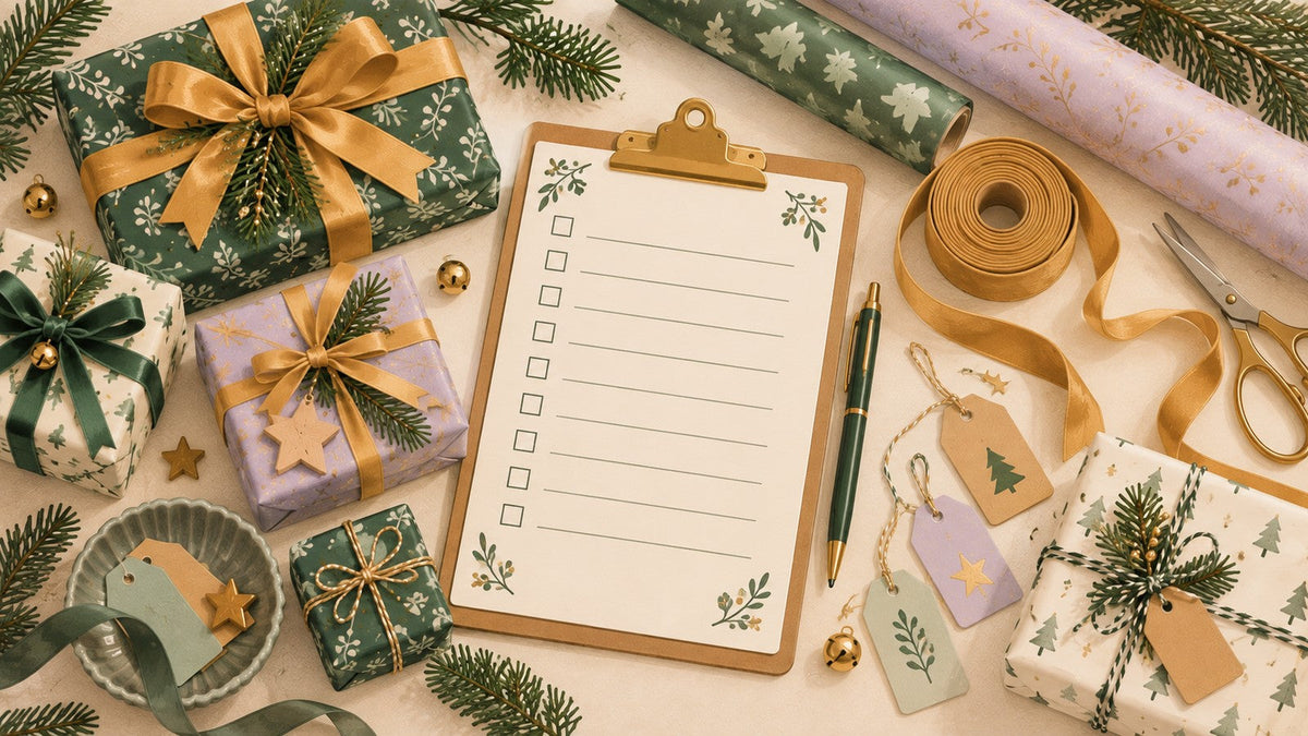 Christmas gift checklist on a clipboard surrounded by wrapped presents, ribbon and gift tags