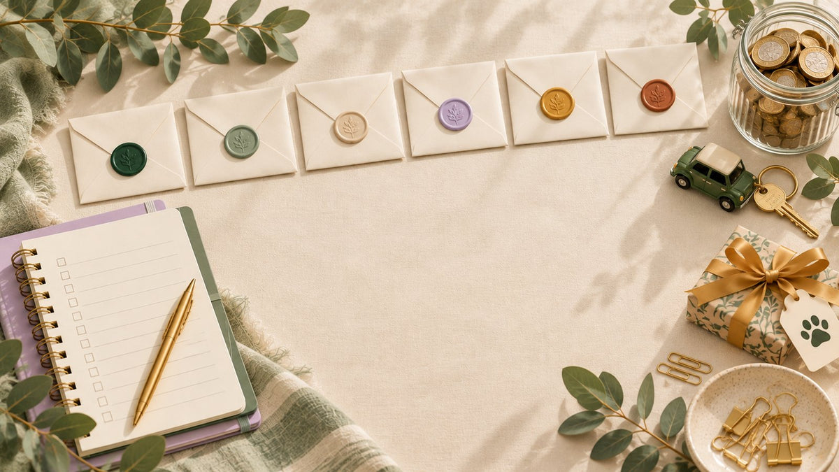 Six envelopes with coloured wax seals beside a notebook, coins, a gift and a car key ring, illustrating sinking funds