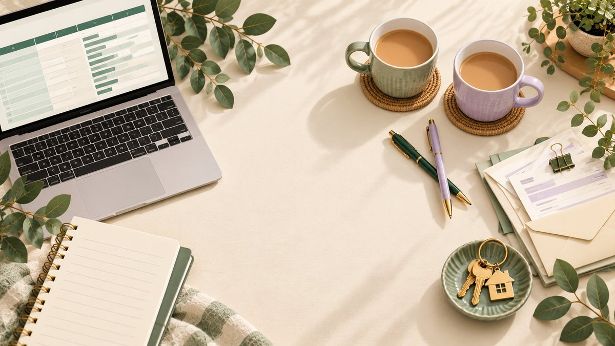 Two mugs of tea beside a laptop spreadsheet, household bills and a set of house keys