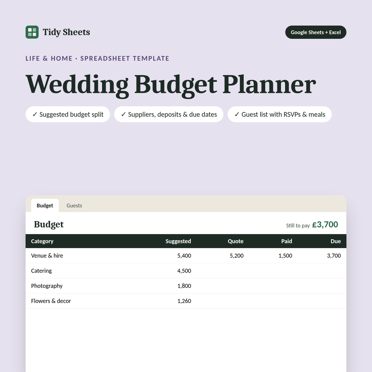 Wedding Budget Planner spreadsheet