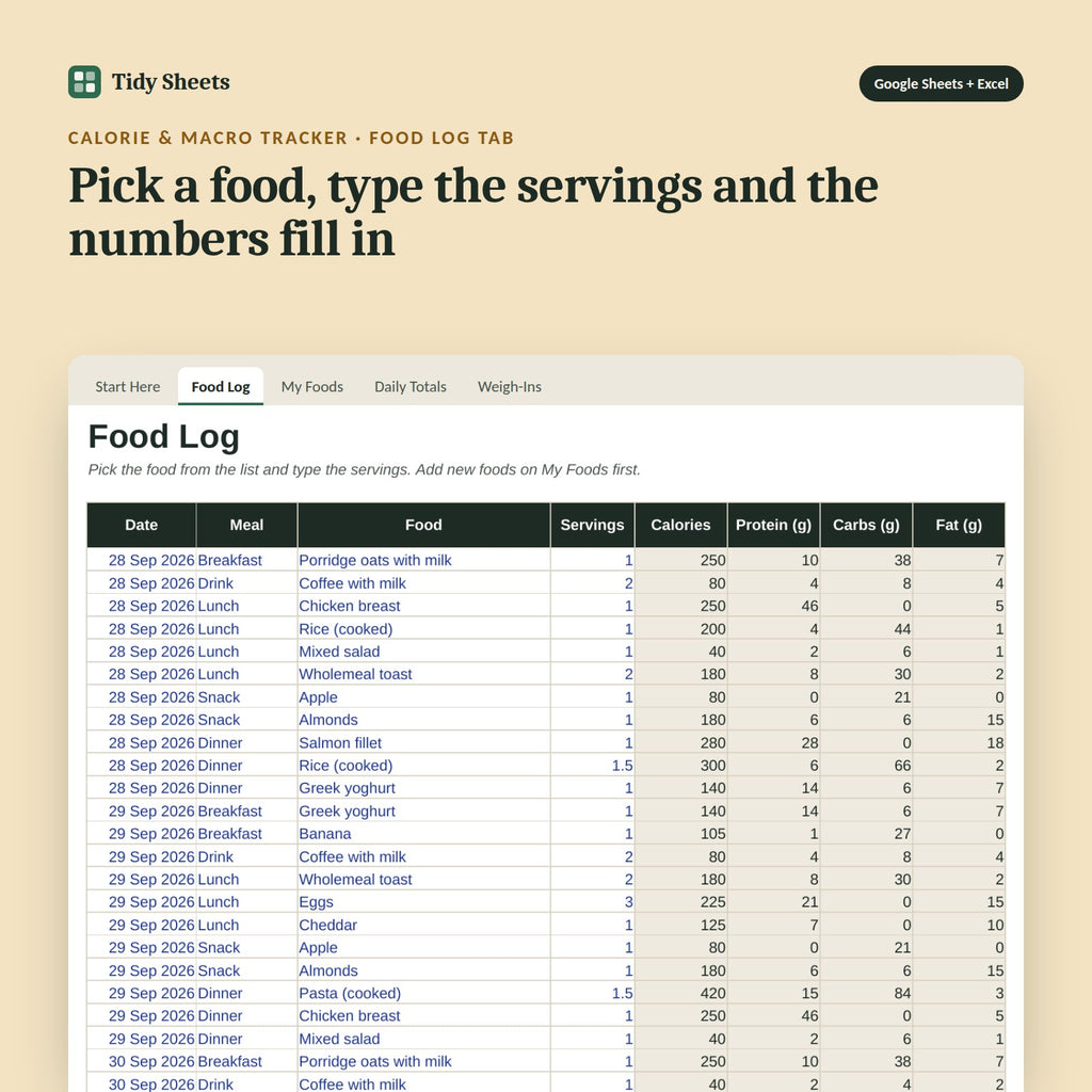 Calorie & Macro Tracker, inside the spreadsheet: Pick a food, type the servings and the numbers fill in