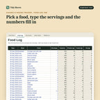 Calorie & Macro Tracker, inside the spreadsheet: Pick a food, type the servings and the numbers fill in