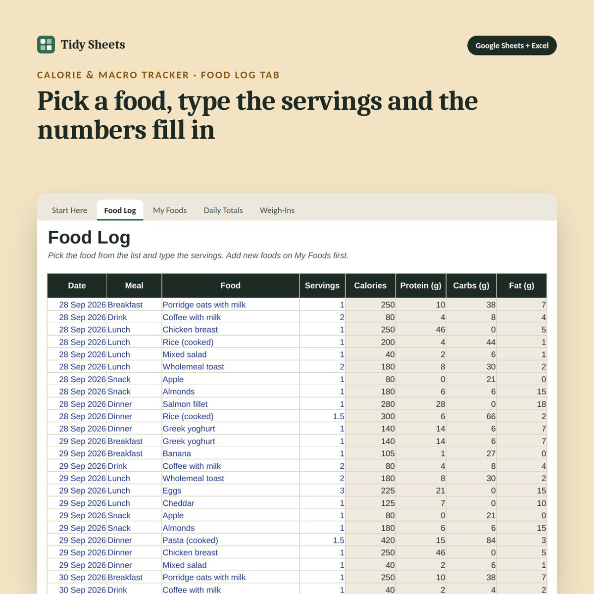 Calorie & Macro Tracker, inside the spreadsheet: Pick a food, type the servings and the numbers fill in
