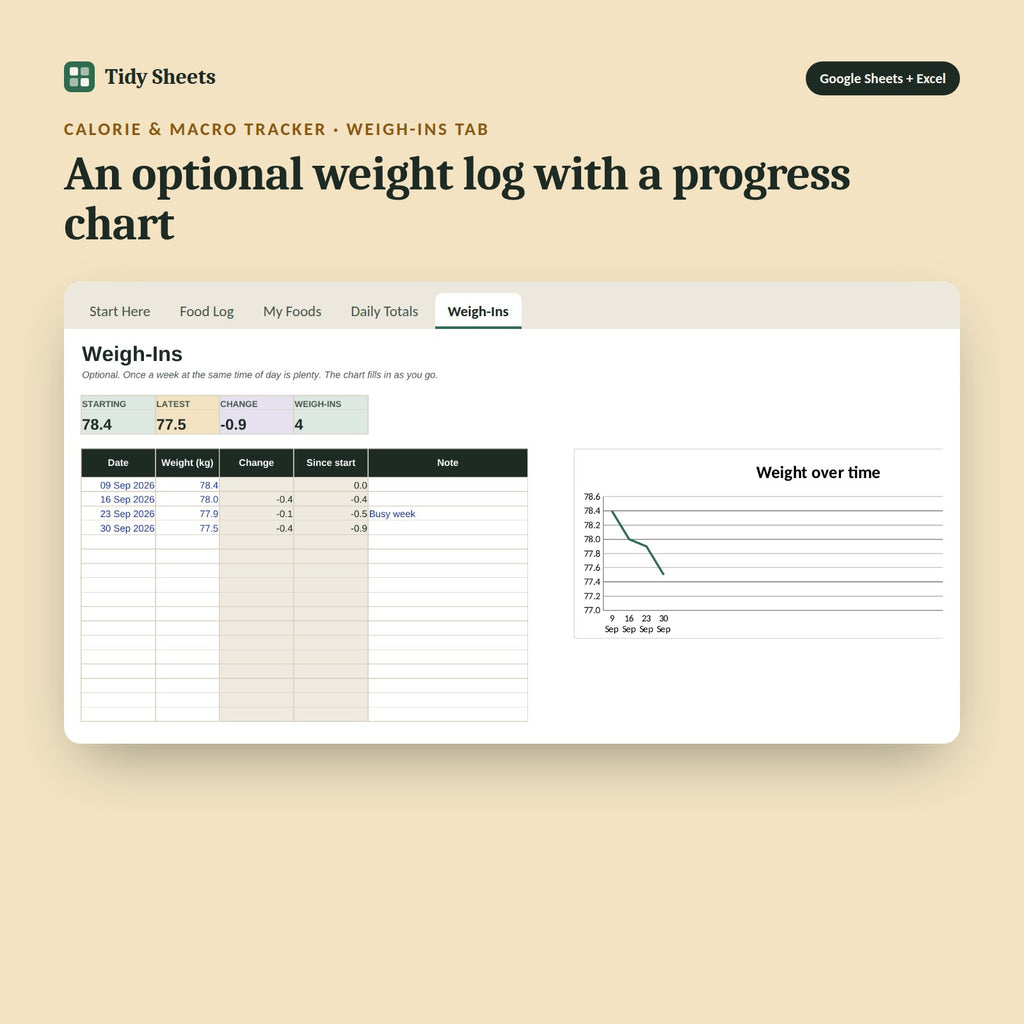 Calorie & Macro Tracker, inside the spreadsheet: An optional weight log with a progress chart
