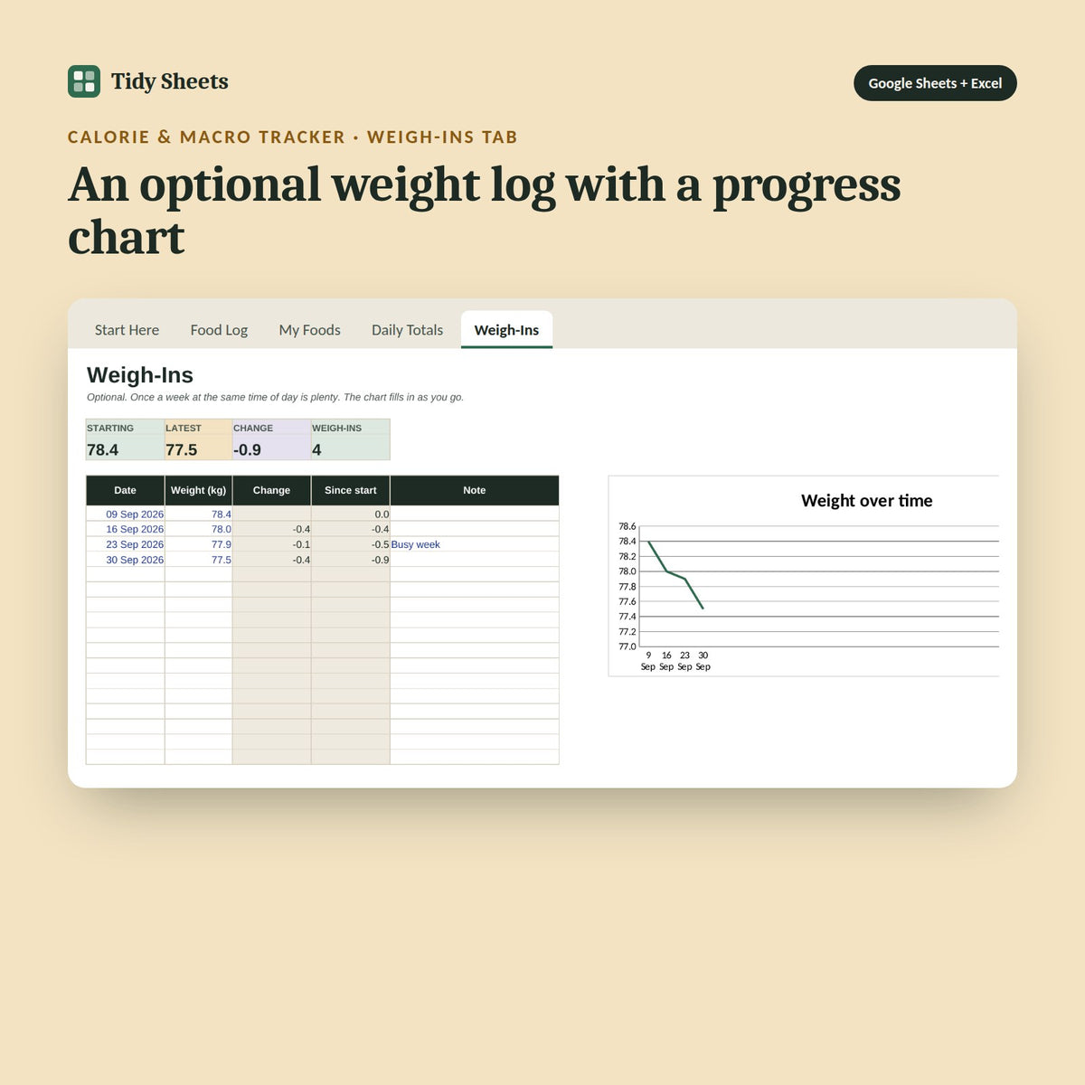 Calorie & Macro Tracker, inside the spreadsheet: An optional weight log with a progress chart