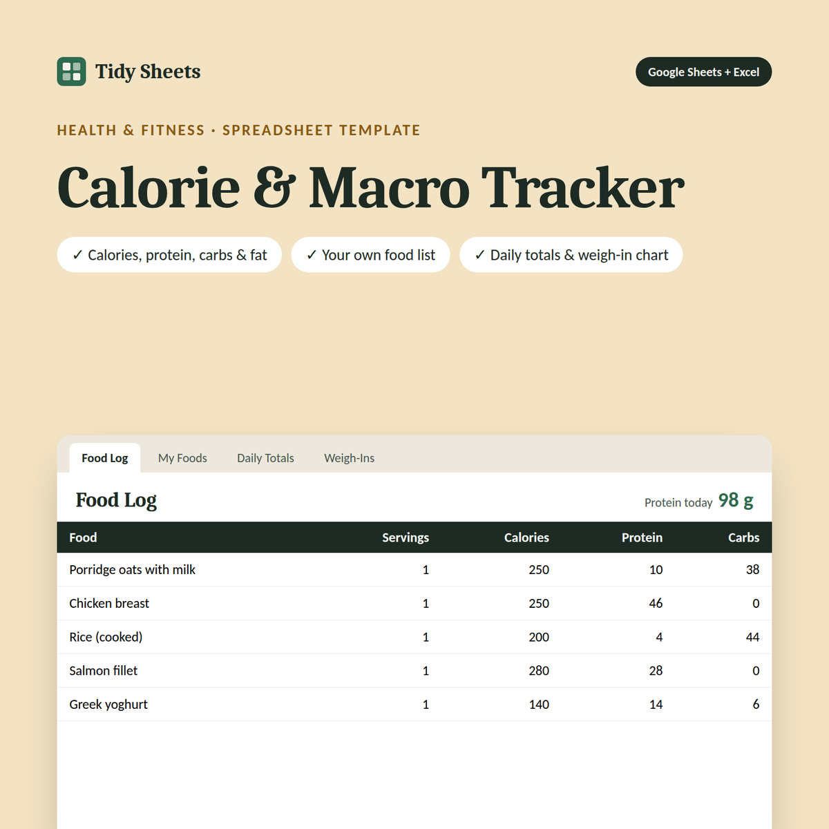 Calorie & Macro Tracker spreadsheet template for Excel and Google Sheets