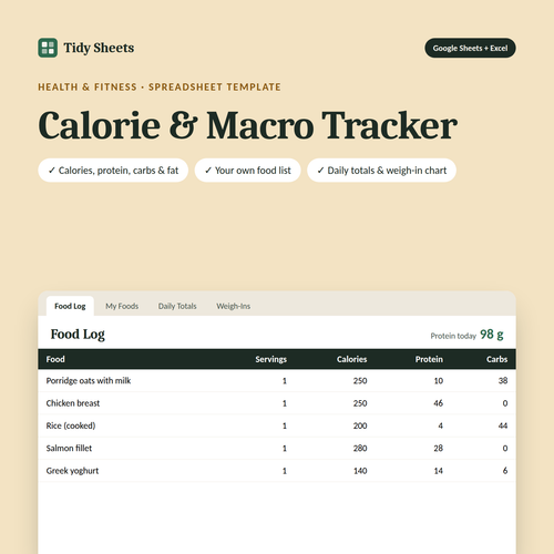 Calorie & Macro Tracker spreadsheet template for Excel and Google Sheets