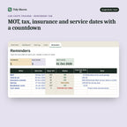 Car Costs Tracker, inside the spreadsheet: MOT, tax, insurance and service dates with a countdown