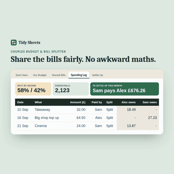 Couples Budget & Bill Splitter preview: adding shared spending and watching who owes whom update