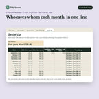 Couples Budget & Bill Splitter, inside the spreadsheet: Who owes whom each month, in one line