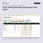 Couples Budget & Bill Splitter, inside the spreadsheet: Every shared bill with each person's fair share