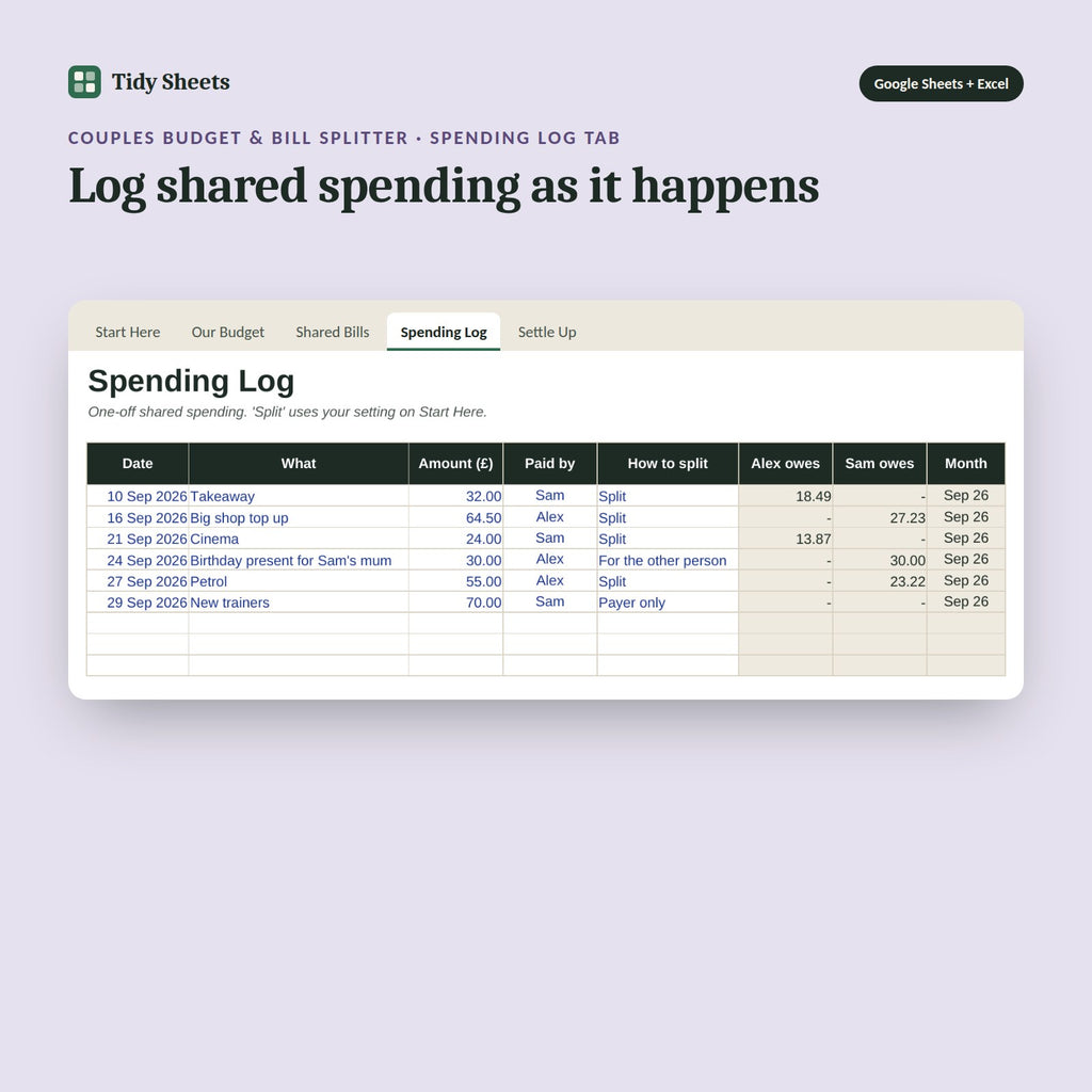 Couples Budget & Bill Splitter, inside the spreadsheet: Log shared spending as it happens