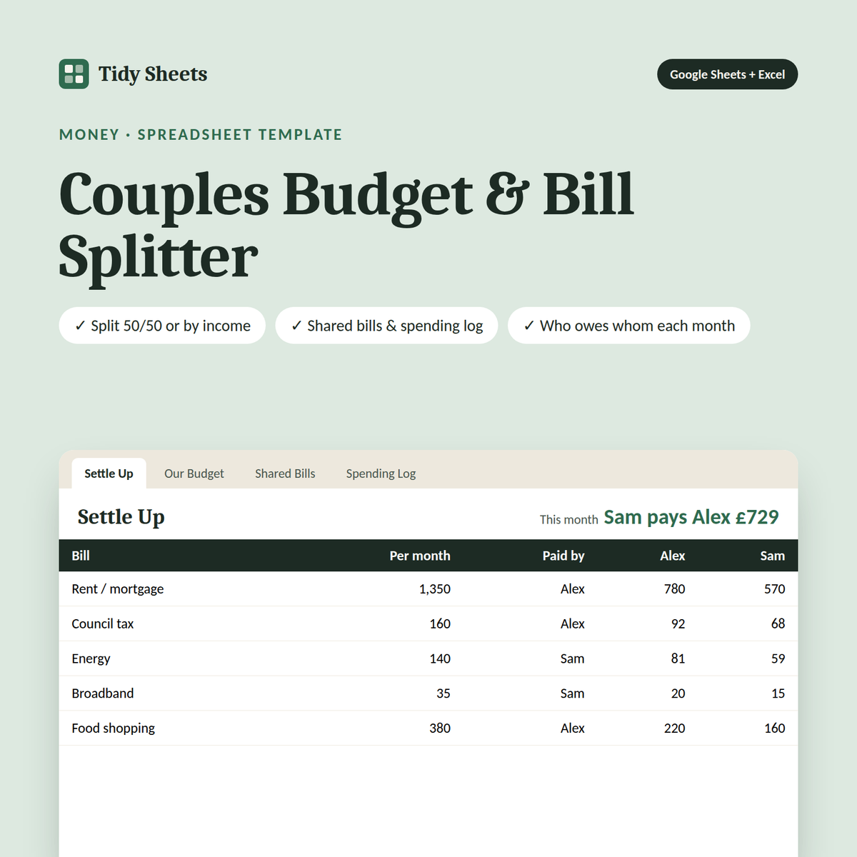 Couples Budget & Bill Splitter spreadsheet template for Excel and Google Sheets
