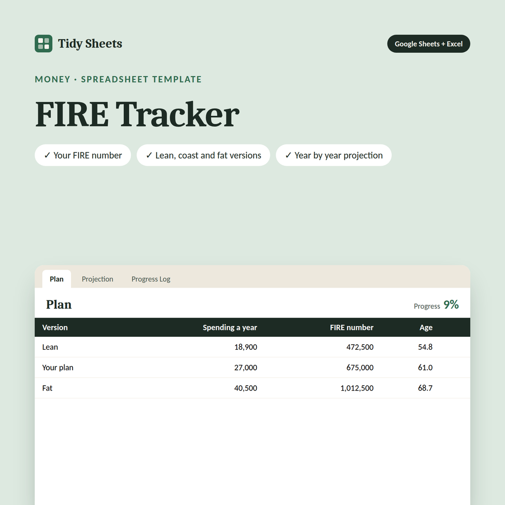 FIRE Tracker spreadsheet template for Excel and Google Sheets