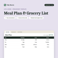 Meal Plan and Grocery List spreadsheet showing a weekly meal plan