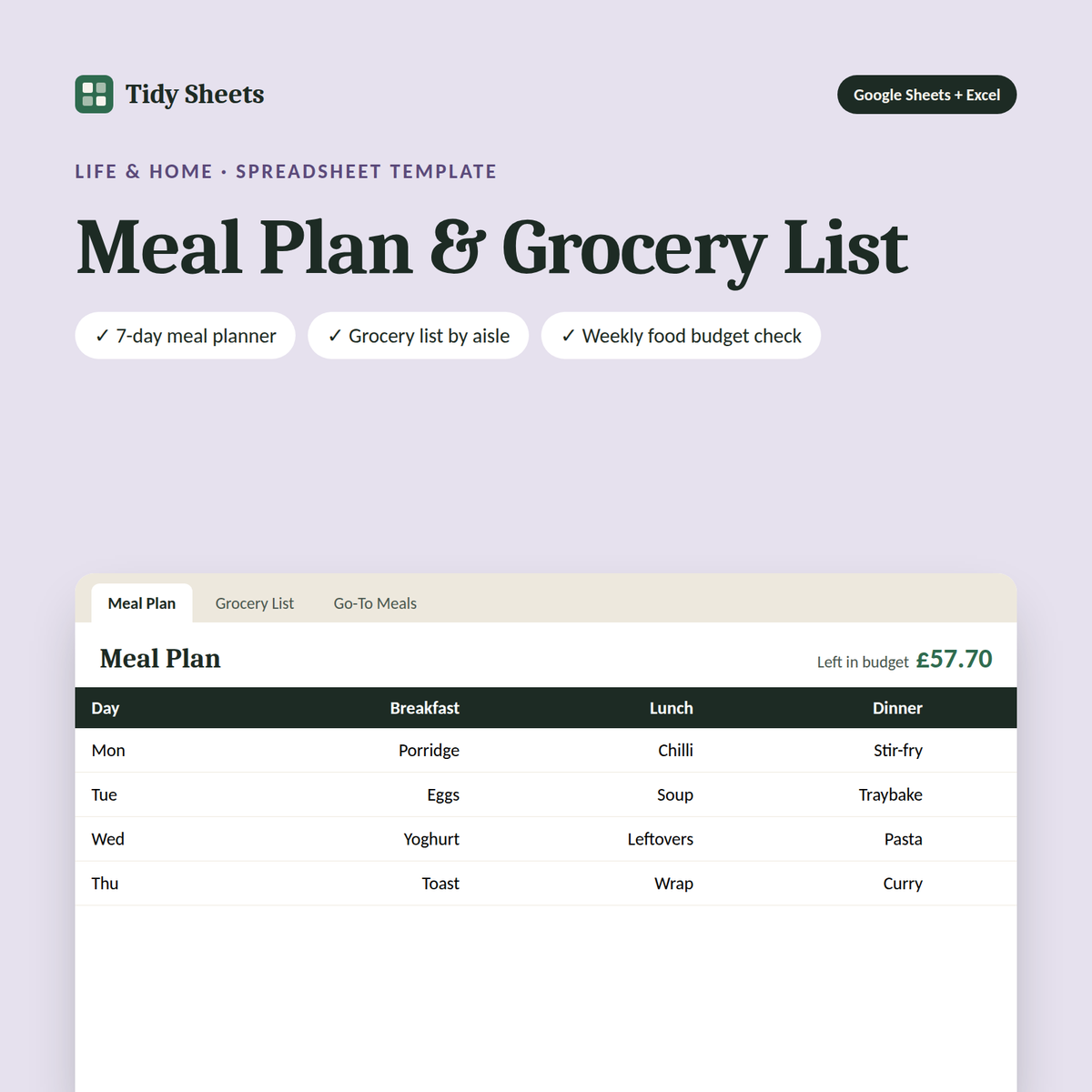 Meal Plan and Grocery List spreadsheet showing a weekly meal plan
