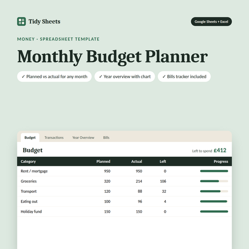 Monthly Budget Planner spreadsheet showing planned vs actual spending by category