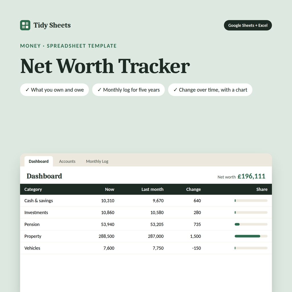 Net Worth Tracker spreadsheet template for Excel and Google Sheets