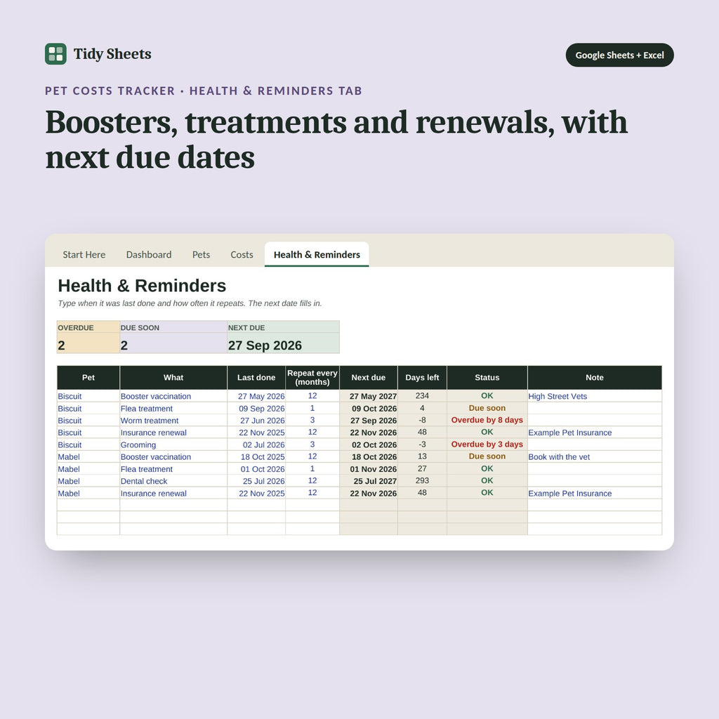 Pet Costs Tracker, inside the spreadsheet: Boosters, treatments and renewals, with next due dates