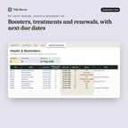 Pet Costs Tracker, inside the spreadsheet: Boosters, treatments and renewals, with next due dates