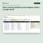 Rental Property Tracker, inside the spreadsheet: Every cost by property and category, with a receipt check