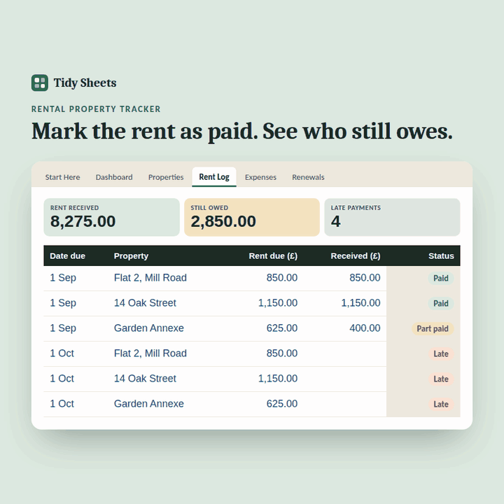 Rental Property Tracker preview: marking rent as received and watching what's owed drop to zero