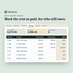 Rental Property Tracker preview: marking rent as received and watching what's owed drop to zero