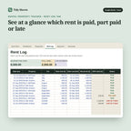 Rental Property Tracker, inside the spreadsheet: See at a glance which rent is paid, part paid or late