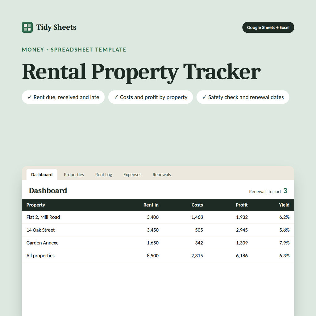 Rental Property Tracker spreadsheet template for landlords, for Excel and Google Sheets