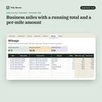 Side Hustle Tracker, inside the spreadsheet: Business miles with a running total and a per-mile amount