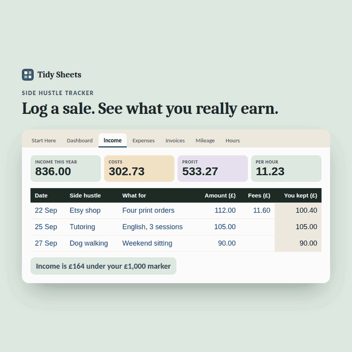 Side Hustle Tracker preview: logging sales and watching income, profit and per-hour earnings update