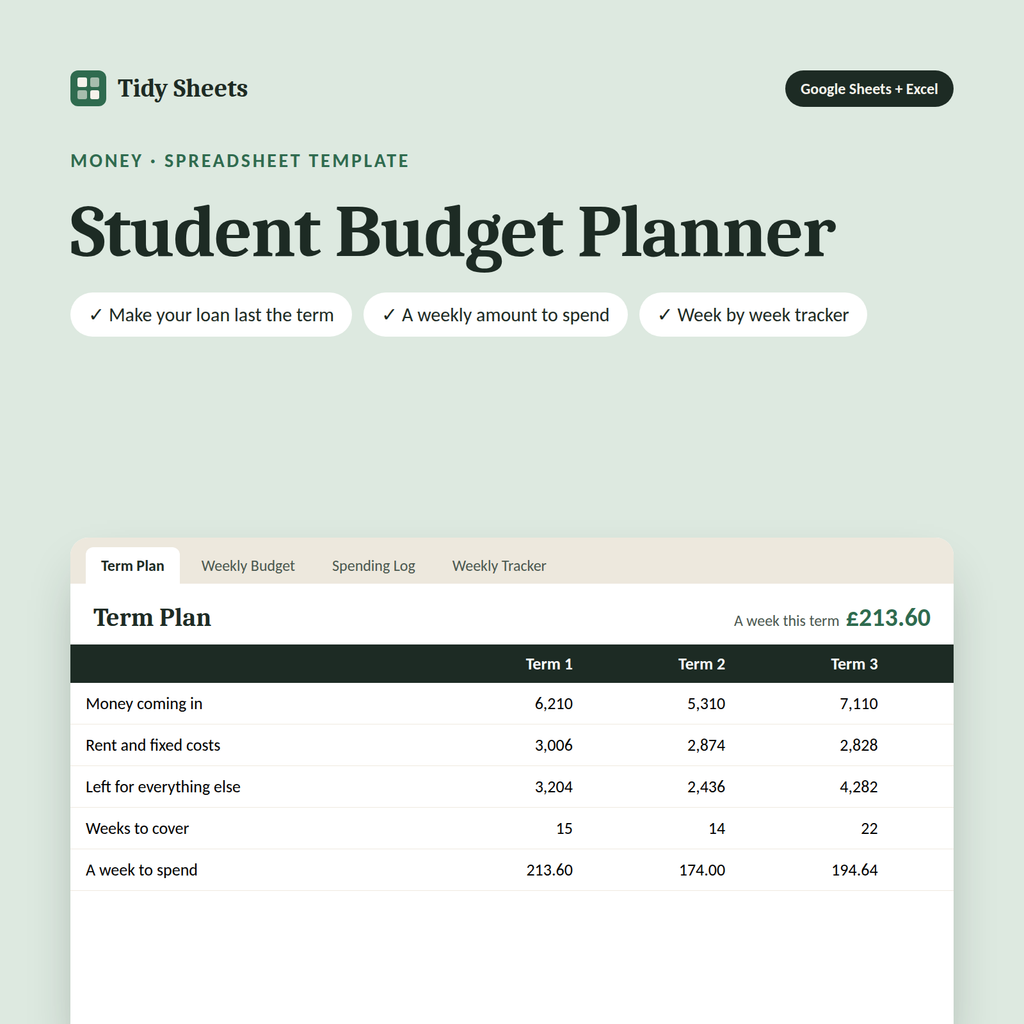 Student Budget Planner spreadsheet template for Excel and Google Sheets