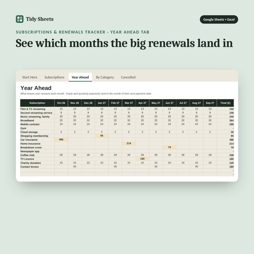 Subscriptions & Renewals Tracker, inside the spreadsheet: See which months the big renewals land in