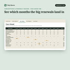 Subscriptions & Renewals Tracker, inside the spreadsheet: See which months the big renewals land in