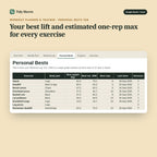 Workout Planner & Tracker, inside the spreadsheet: Your best lift and estimated one-rep max for every exercise