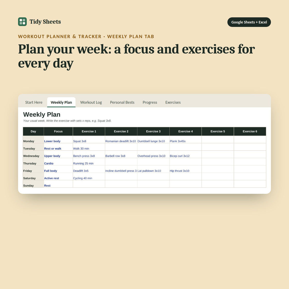 Workout Planner & Tracker, inside the spreadsheet: Plan your week: a focus and exercises for every day