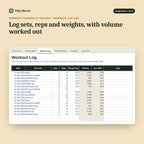 Workout Planner & Tracker, inside the spreadsheet: Log sets, reps and weights, with volume worked out