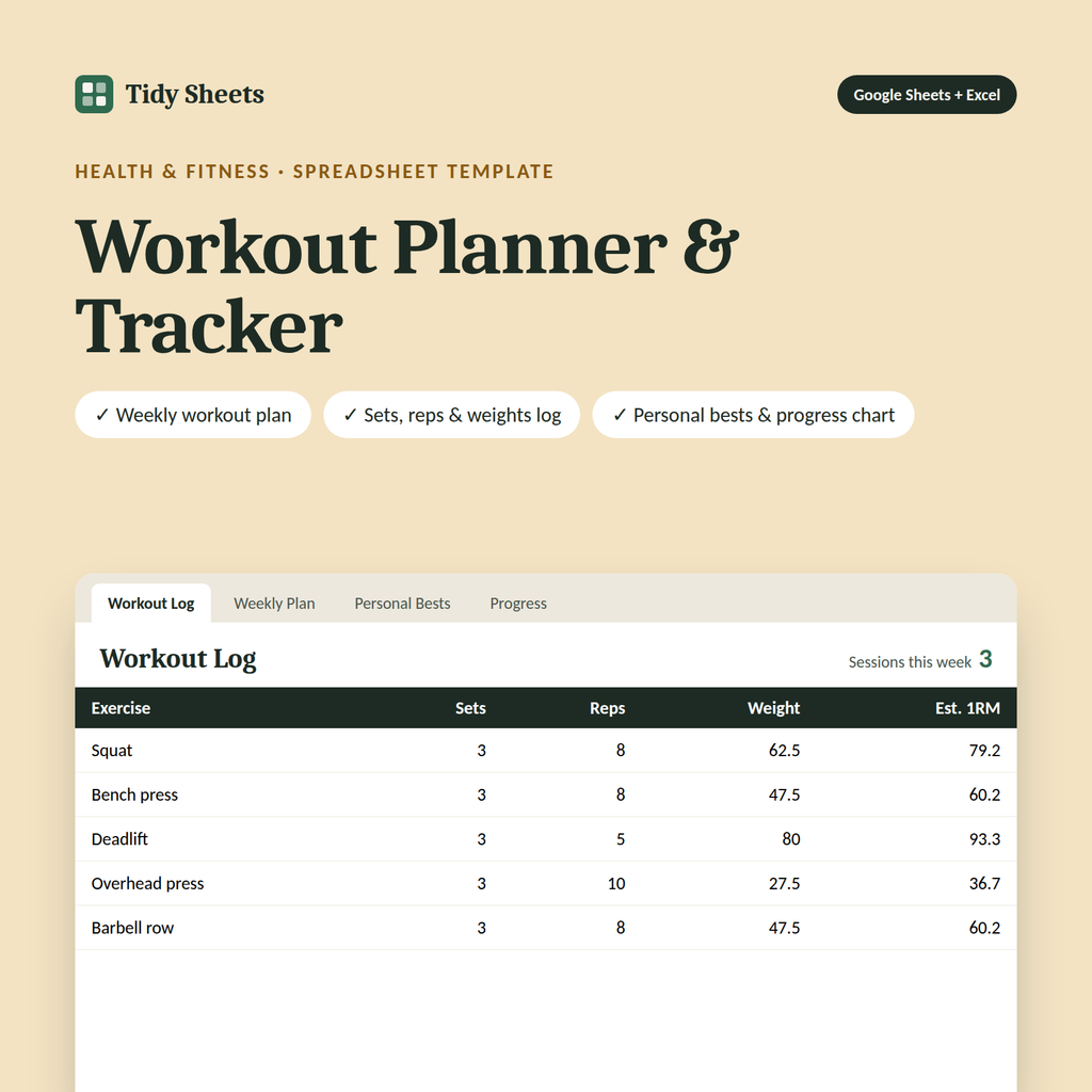 Workout Planner & Tracker spreadsheet template for Excel and Google Sheets